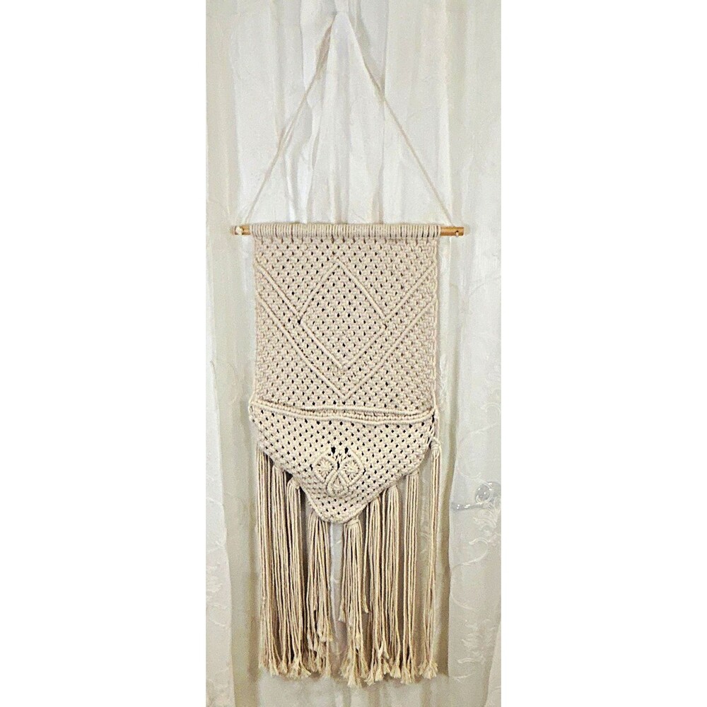 Boho Macrame Wall Hanging Pocket Storage Organizer Heart Knot Cream V-Shape